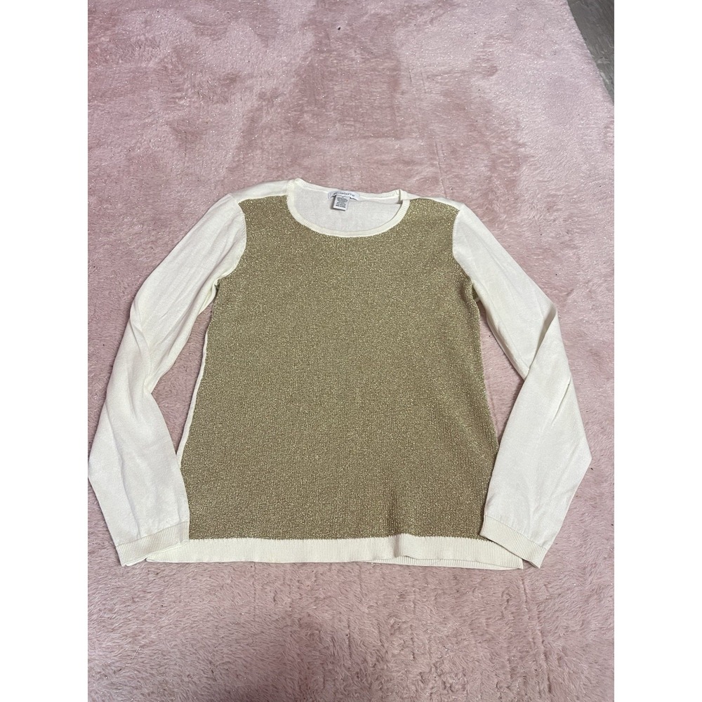 LIZ CLAIBORNE WHITE / METALLIC GOLD L/S Top COTTON BLEND Sweater‎ TOP  L Bin11